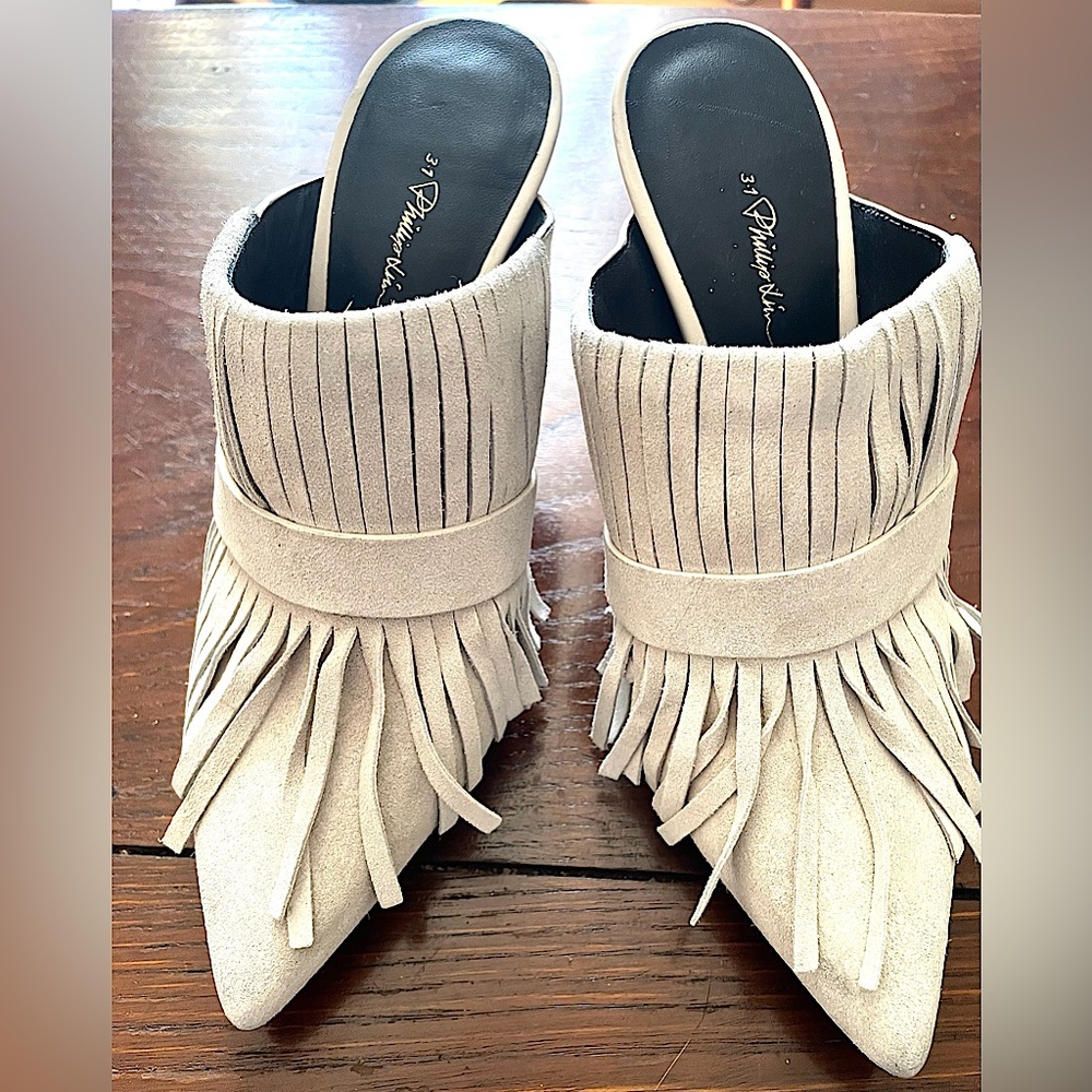 3.1 Phillip Lim Cream Suede Martini Fringe Mules, new!